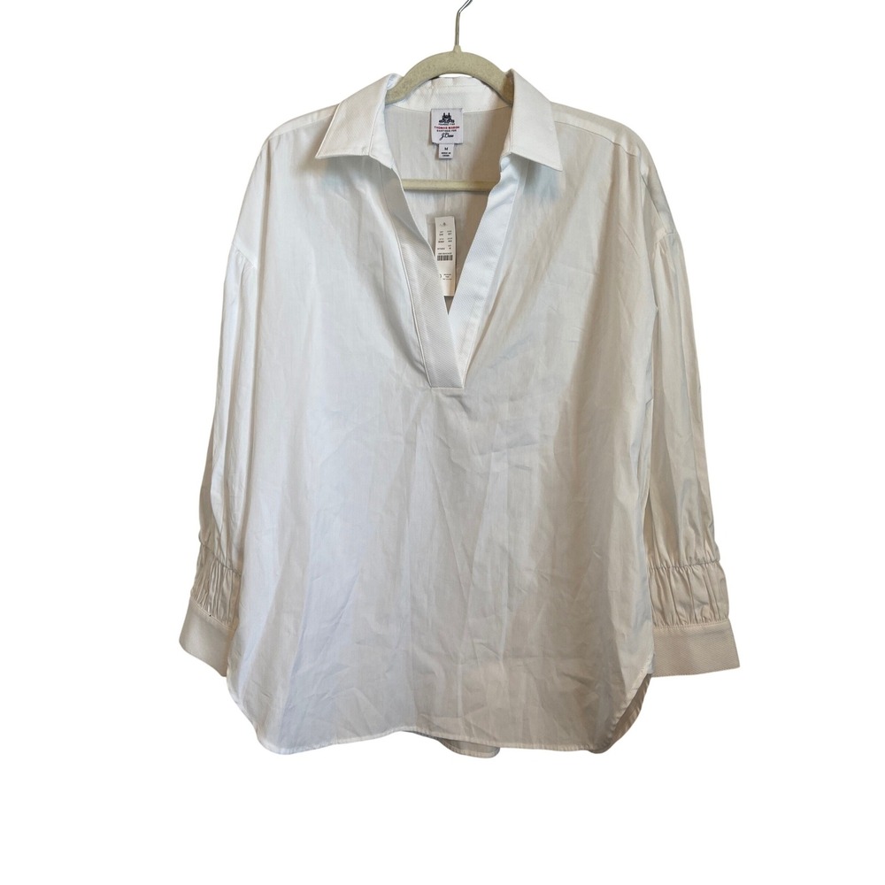 J.Crew Thomas Mason White Cotton Popover Shirt Smocked Cuff M NEW